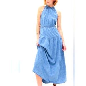 GAP 100% Cotton High Neck Denim Maxi Dress